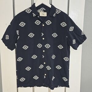 FOLK Clothing Men's Cotton Button Down‎ Short Sleeve Shirt Med Blue White Geo